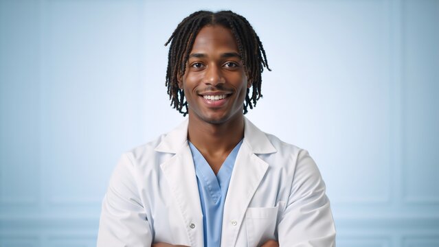 Confident black male doctor smiling at the camera. Portrait of a young african american medical professional in a lab coat. Healthcare and medicine concept with copy space - Powered by Adobe