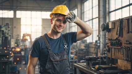 Smiling young factory worker in a hard hat looking at the camera. Portrait of a confident male industrial technician in a manufacturing workshop. Skilled blue-collar labor concept