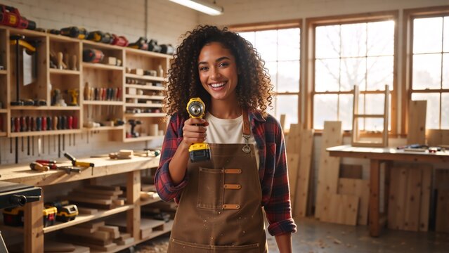 A smiling female carpenter holds a power drill in her workshop. Confident young craftswoman ready for a DIY woodworking project - Powered by Adobe