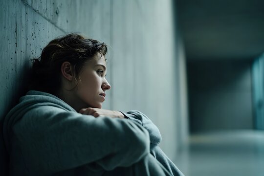 Close-up of a young, distressed woman sitting against a cold concrete wall in a corridor, symbolizing mental anguish, existential loneliness, and emotional shutdown.