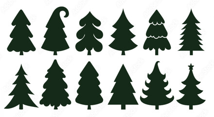A set of twelve different dark green christmas tree silhouettes or icons, isolated on white background