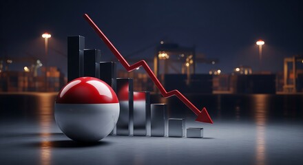 Stunning concept showing Indonesian economy decline with bearish red arrow plunging past industrial port at night