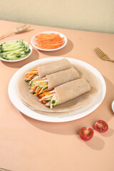 Healthy Breakfast Burrito Wraps with Fresh Vegetables and Buckwheat Grain Tortillas