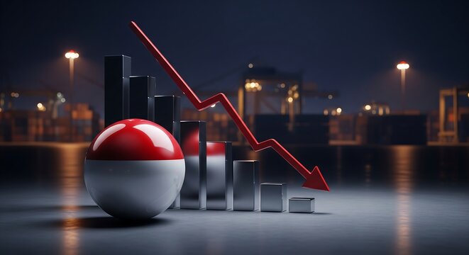 Stunning concept showing Indonesian economy decline with bearish red arrow plunging past industrial port at night - Powered by Adobe