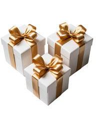 Obraz premium Three White Christmas Gift Boxes with Gold Ribbons Floating in the Air Isolated on a White Background Holiday Season Celebration Surprise Commercial Banner