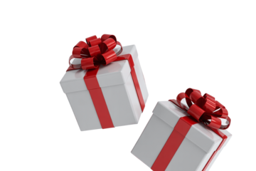 Two White Floating Gift Boxes with Bright Red Ribbons Isolated on a Clean White Background for Valentine's Day Couple Promotion Sale Event or Double Surprise