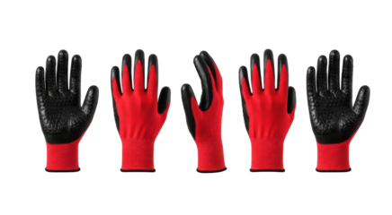 Red gardening gloves with textured grips shown from various angles like front and side isolated on transparent background, png