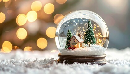 A glowing snow globe with a miniature snowy house and pine trees sits on artificial snow, surrounded by warm golden bokeh.