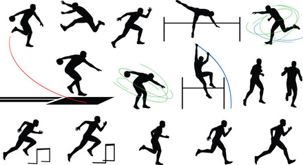 Black Silhouette Set of Track and Field Athletes in Action: Runners, Jumpers, Hurdlers, Pole Vault, and Discus Throwers for Sports and Competition Icons