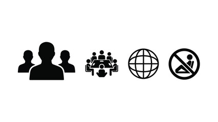 Business and Communication Icons Set: Team, Meeting, Global Network, and Safety Restriction Sign Vector Illustration