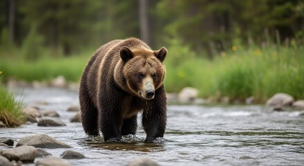 Grizzly bear walks through a shallow river in a forest