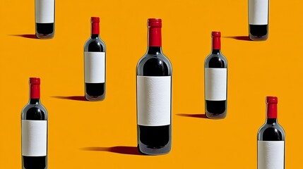 Collection of wine bottles with blank labels arranged artistically on a vibrant orange background, showcasing the potential for branding and design creativity in beverage marketing