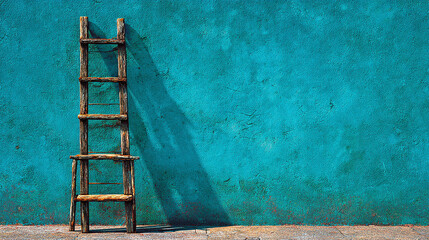 A rustic wooden ladder leaning against a vibrant teal wall, casting a long shadow. The composition evokes a sense of aspiration and progress