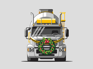 Fototapeta premium Cement truck decorated with Christmas wreath on grey background 