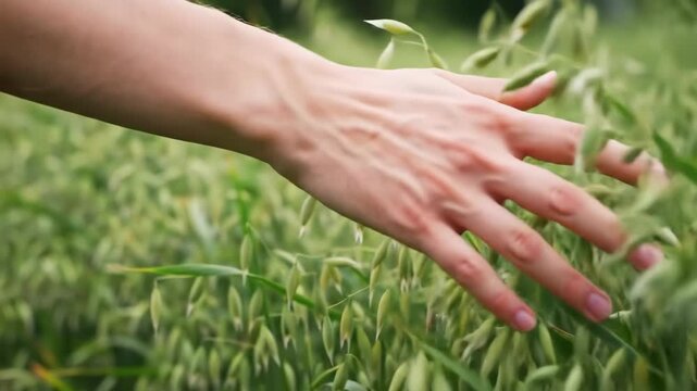 A hand gently touches green oat plants in a lush field, showcasing nature