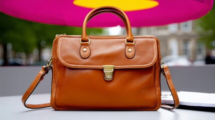 Stylish brown leather handbag with dual handles and adjustable strap, placed on a table with vibrant pink umbrella in the background, showcasing modern fashion accessories and design