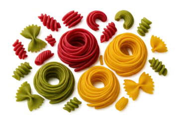Assorted colorful raw Italian pasta shapes with transparent background cut-out.