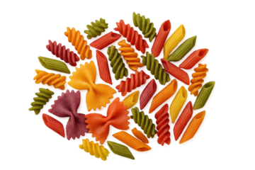 Beautiful mix of vibrant, colorful Italian pasta on a transparent background.
