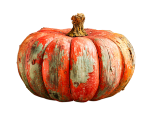 Weathered Red Pumpkin with Green Patches and Textured Stem