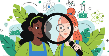 Two girls examine a beaker with a magnifying glass, surrounded by science icons. A vibrant, educational illustration promoting discovery and learning. Modern, playful style.