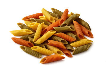 Colorful uncooked penne pasta pile, ready for cooking, with transparent background.