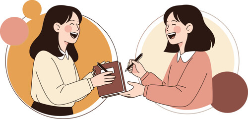 Two women laugh joyfully while exchanging a notebook. A vibrant illustration depicting the joy of learning and collaboration. Modern, cheerful, and inviting.