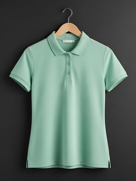 mockup of a plain mint green color polo woman T-shirt hanging on a wooden hanger