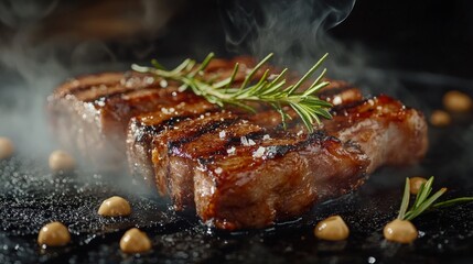 An appetising steak with aromatic herbs sizzles in a frying pan, ideal for advertising restaurants or culinary blogs as a vivid atmospheric backdrop.