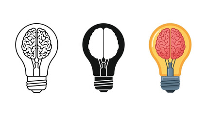 Naklejka premium Brain in Lightbulb Icon Set. Concept of Idea, Intelligence, Innovation, Creativity, and Thinking Process Vector Illustration.