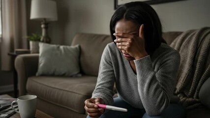 A woman reacts emotionally to a pregnancy test result in her living room. the video encapsulates a moment of lifechanging realization and contemplation.