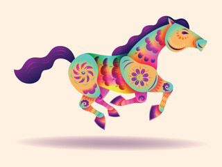 Chinese Oriental Paper Graphic Cut Art of Golden Horse Symbol with Floral Pattern - Neon