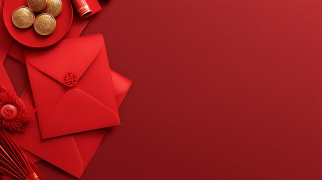 Chinese Lunar New Year Celebration background: A close-up showcases a collection of vibrant red envelopes, exuding an aura of celebration and tradition, inviting sentiments of joy and good fortune. 