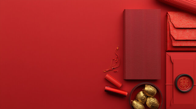 Chinese Lunar New Year Celebration background: An elegant array of stationary on a rich red background. The scene exudes sophistication and artistic flair. 