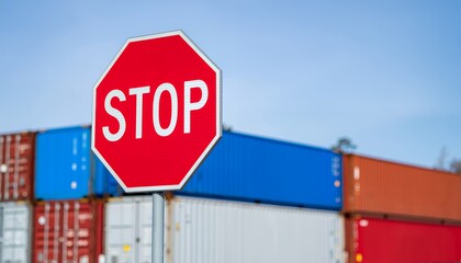 Obraz premium Cargo containers and a stop sign against a cloudy sky