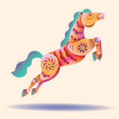 Chinese Oriental Paper Graphic Cut Art of Golden Horse Symbol with Floral Pattern - Neon