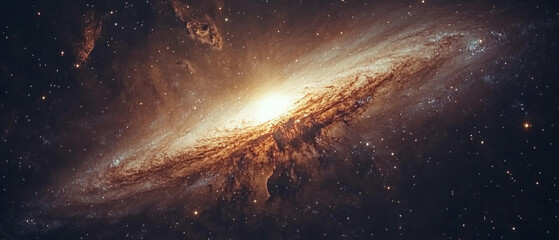 A majestic spiral galaxy with a bright core and star clusters will emphasise the cosmic theme as an atmospheric backdrop for scientific presentations or science fiction projects.