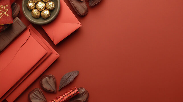 Chinese Lunar New Year Celebration background: A festive assortment of red envelopes and golden chocolates against a rich red background, creating a visual feast.