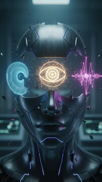 Futuristic ai concept technology lab digital artwork sci-fi environment close-up view