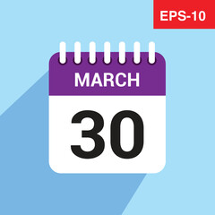 30 march calendar date icon. vector illustration with shadow design