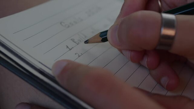 Closeup of hand writing 2026 goals in lined notebook with pencil, creating personal New Year resolution list.