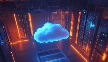 Abstract cloud data storage environment representing technology and innovation. A bright glowing cloud floating in a server room