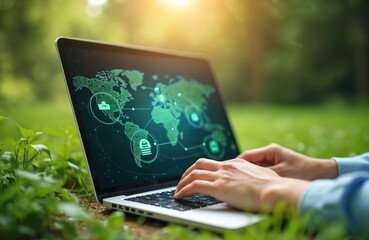 Person uses laptop showing world map with connection icons. Green nature background symbolizes eco tech or global network. Focus on digital world.