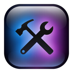 Glass Square Spanner and Hammer Tools in an X-Shaped Arrangement Button icon with Blue and Purple Neon Light