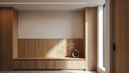 Fototapeta premium Minimalist hallway with wooden bench and natural light