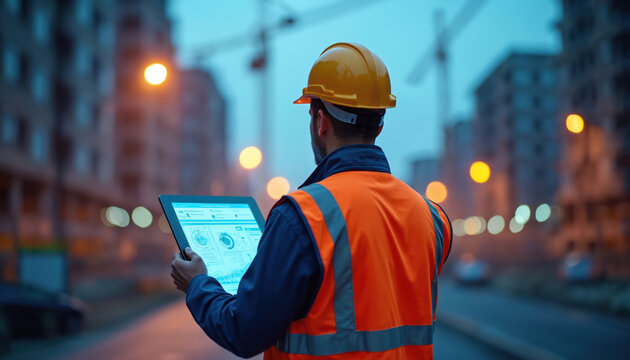 Engineer in safety vest, yellow hard hat holds glowing tablet at active construction site. Analyzes complex holographic project data, progress reports. AI powered tech guides urban build, new city - Powered by Adobe