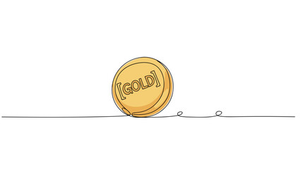 Gold coin rolling on thin line in minimalist vector illustration  