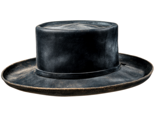 Worn black leather top hat with wide brim