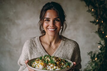 Woman holding bowl of Moro Guandules, smiling warmly at camera, festive atmosphere with blurred Christmas tree in background. Concept of celebration, Rice pigeon peas Dominican traditional.