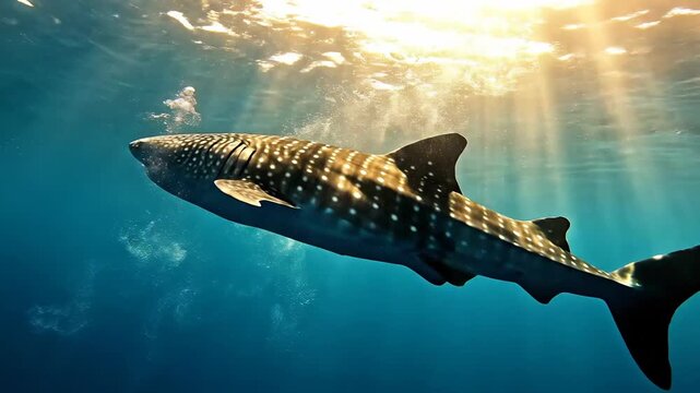 Whale shark swimming gracefully underwater with sunlight rays