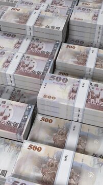 Taiwan 500 New Taiwan Dollar Banknote Vertical Mobile 3D Animation ? Mobile Finance Motion, Money Flow, Economy, Banking and Currency Exchange
